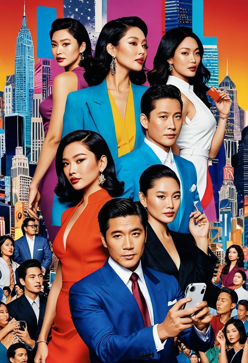 A dramatic collage showcasing iconic Asian celebrities in engaging, scandalous moments set against a vibrant city backdrop. Include headline flashes and social media icons representing gossip and news. Use rich colors to illustrate the tension and excitement around celebrity culture. Emphasize the contrast between glamour and controversy. super-realistic. vibrant colors. dynamic composition.