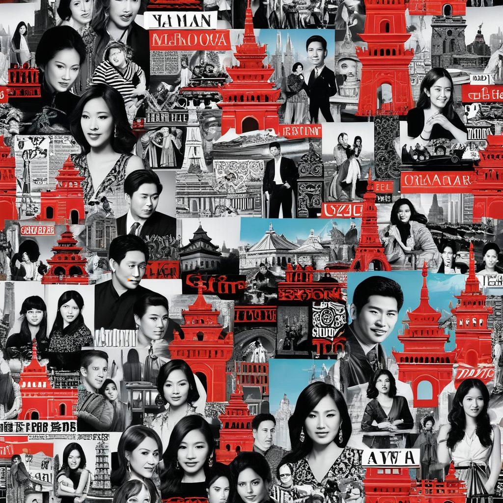 A dynamic collage featuring iconic landmarks from Asia intertwined with scenes of dramatic celebrity moments, like a paparazzi swirl, colorful gossip magazine covers, and expressive faces of fans. Incorporate shadows and highlights to bring intensity to the emotions, with a backdrop of traditional Asian patterns. The blend of modern and traditional elements creates a narrative of controversy and excitement. super-realistic. vibrant colors. dynamic composition.