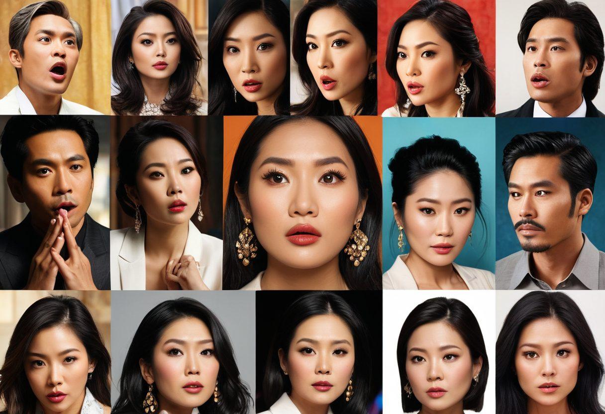 A dramatic scene featuring a collage of Asian celebrities caught in various scandalous moments — a flashbulb capture, whispers in shadowy corners, and gossiping figures. Include vibrant tabloid headlines in the background, and expressions of shock, intrigue, and curiosity on their faces. Emphasize a sense of mystery and excitement that captures the essence of celebrity gossip. colorful, super-realistic, dynamic composition.